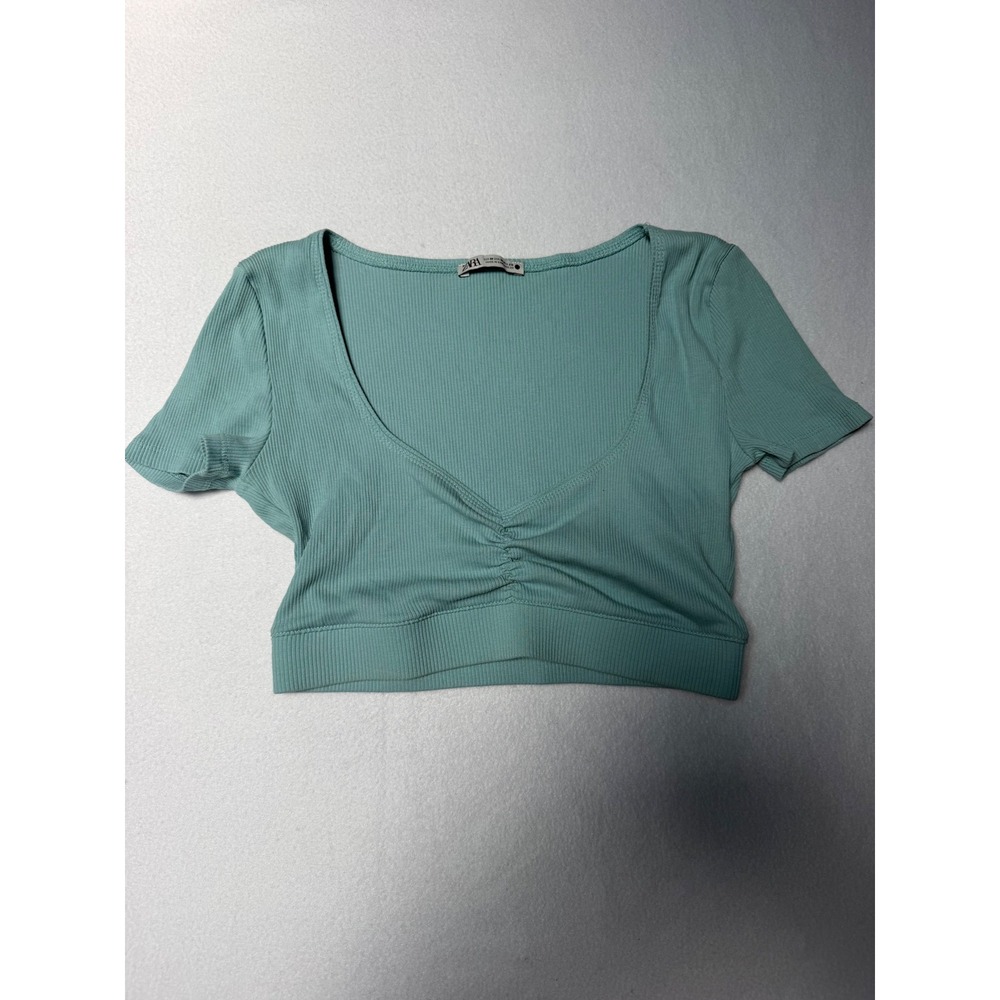 Zara Ribbed V-Neck Ruched Crop Top Teal Green Short Sleeve Medium